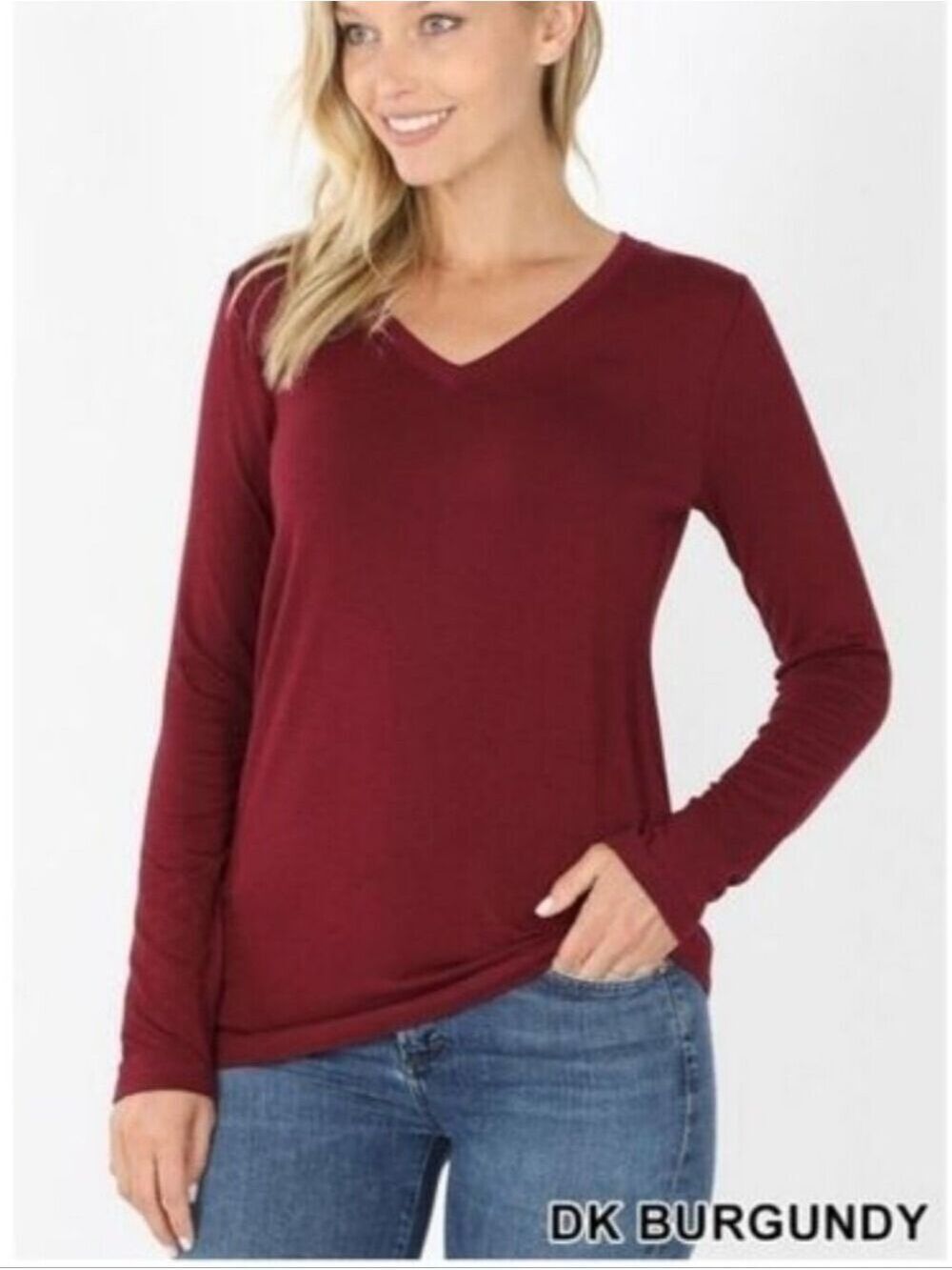 ZENANA Long Sleeve V Neck Top Burgundy Size Small NWT